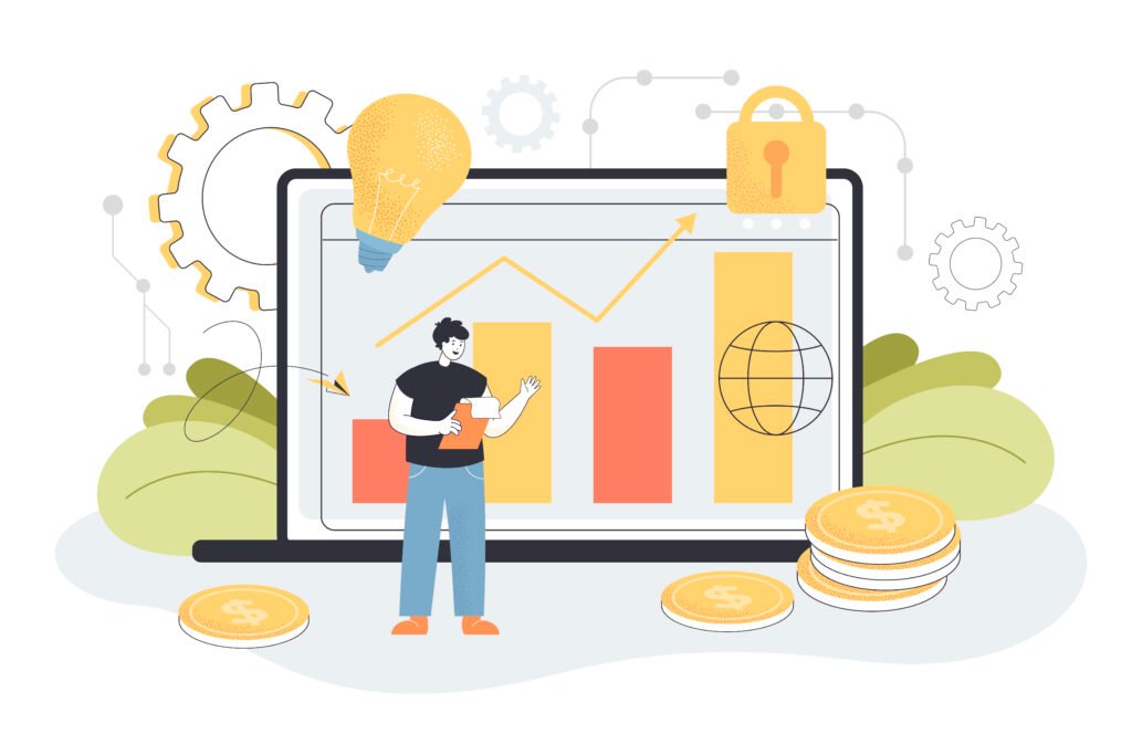 Tiny person with modern fintech or finance services method